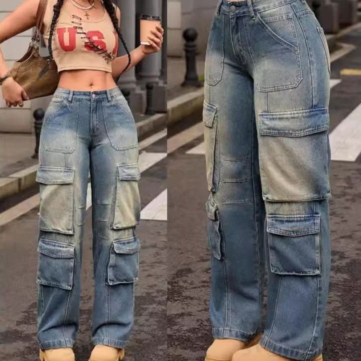 Retro Nostalgic Washed Multi - pocket Cargo Pants Straight Jeans - Eshtree