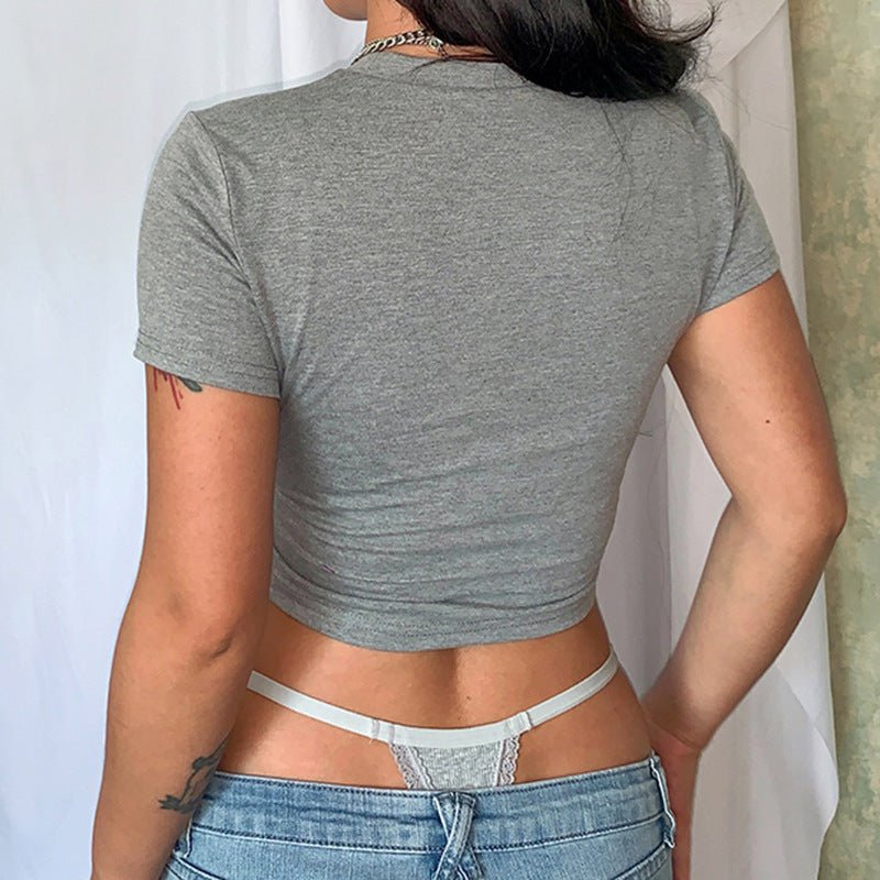 Retro Subculture Military Print Basic Short T-shirt Spicy Girl Trend Positive Shoulder Round Neck Hip - hop Hundred With Tops - Eshtree