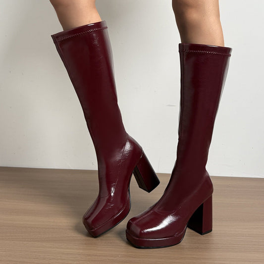 Retro Wine - red Versatile And Chic New Fallwinter Square - toe Chunky - heel Riding Boots - Eshtree