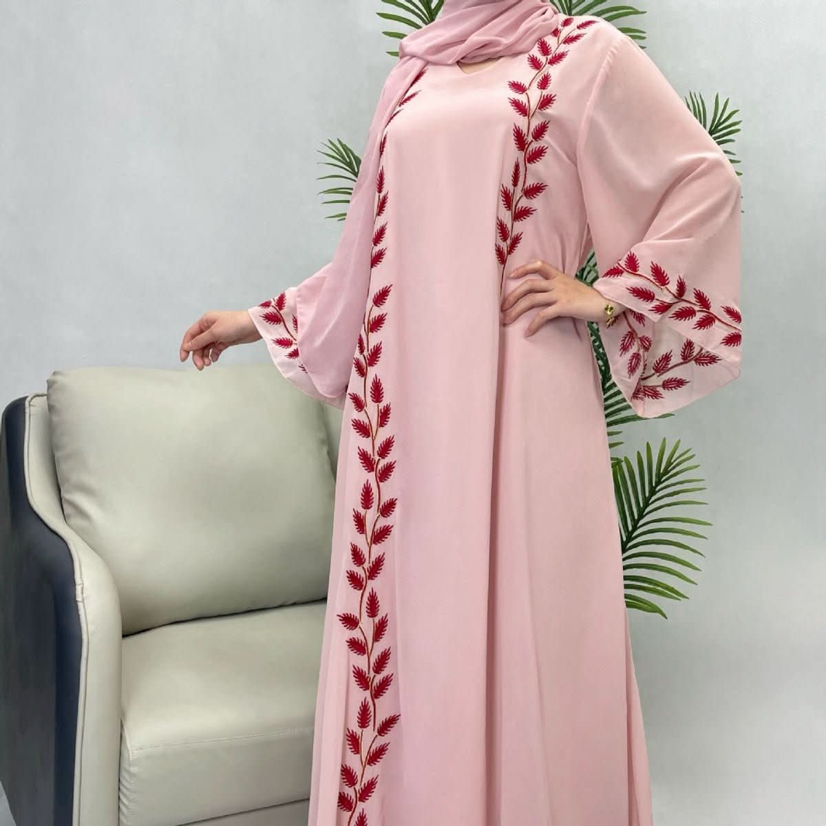 Round Neck Plant Embroidery Pattern Long Dress - Eshtree