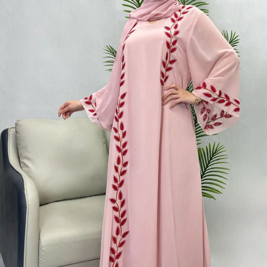 Round Neck Plant Embroidery Pattern Long Dress - Eshtree