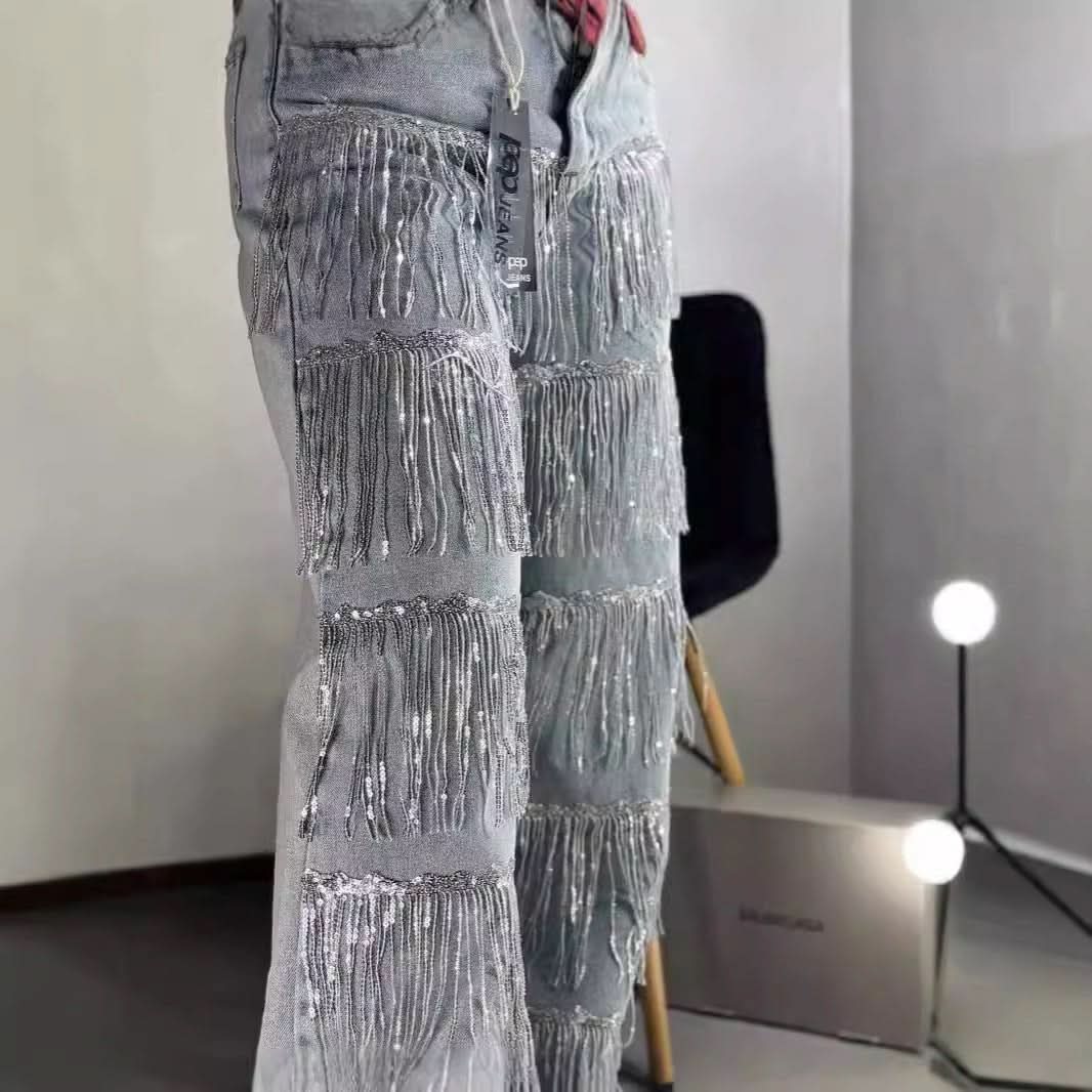 Sequined Tassel Design Straight Jeans - Eshtree