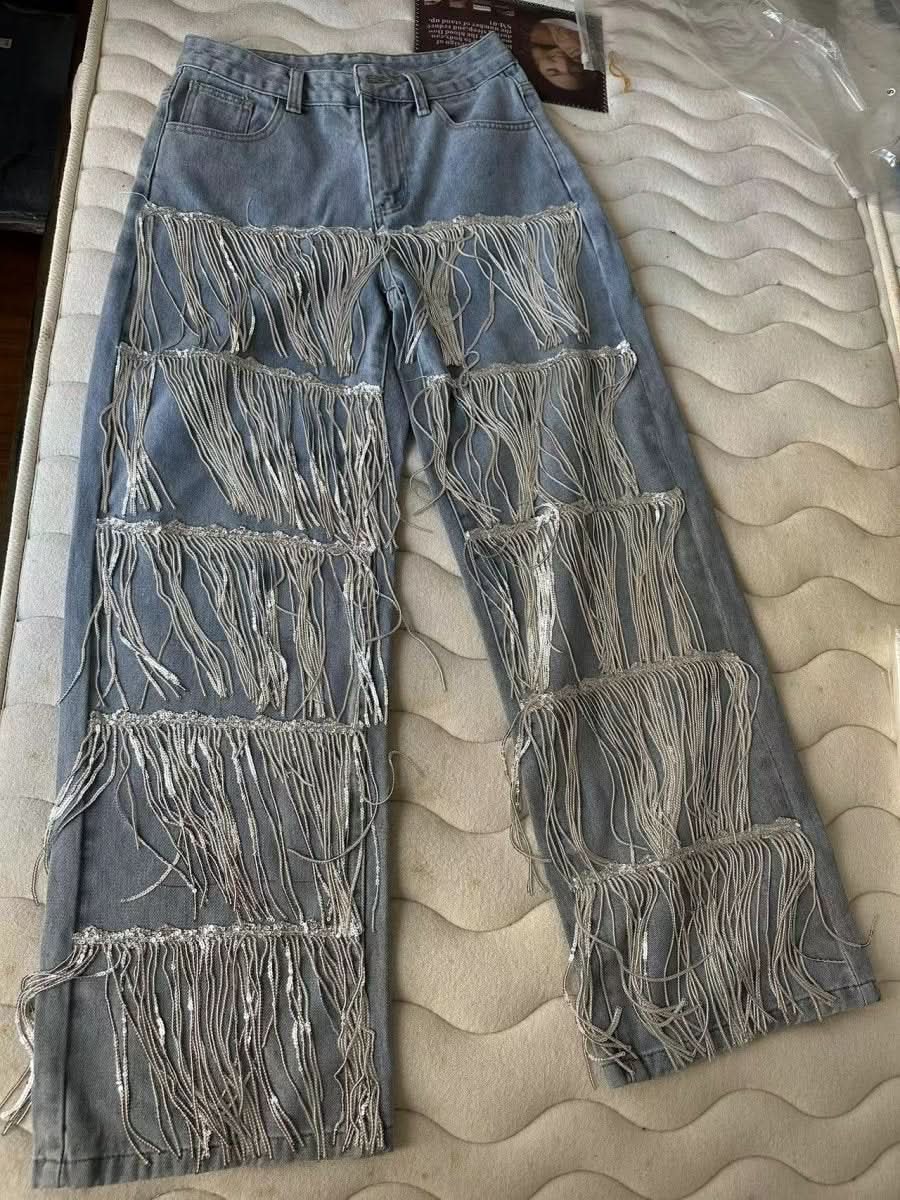 Sequined Tassel Design Straight Jeans - Eshtree