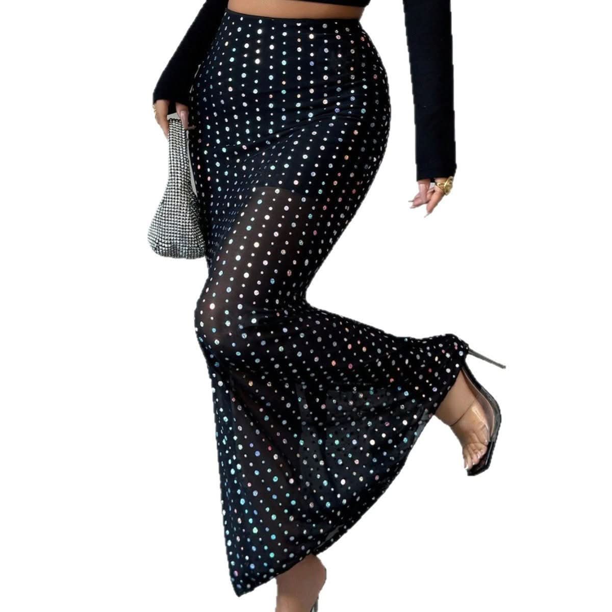 Shimmery Sequin Doublelayer Mesh Highwaist Figurehugging Hipskimming Skirt - Eshtree