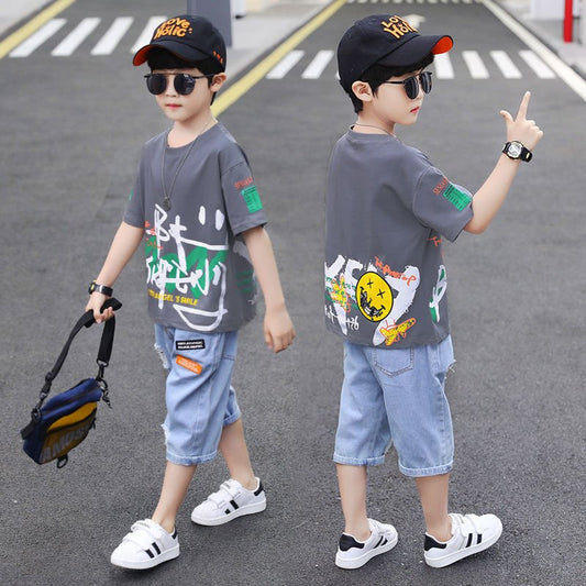 Short - sleeved T-shirt Boy Western Style Two - piece Suit, Big Boy Trend - Eshtree