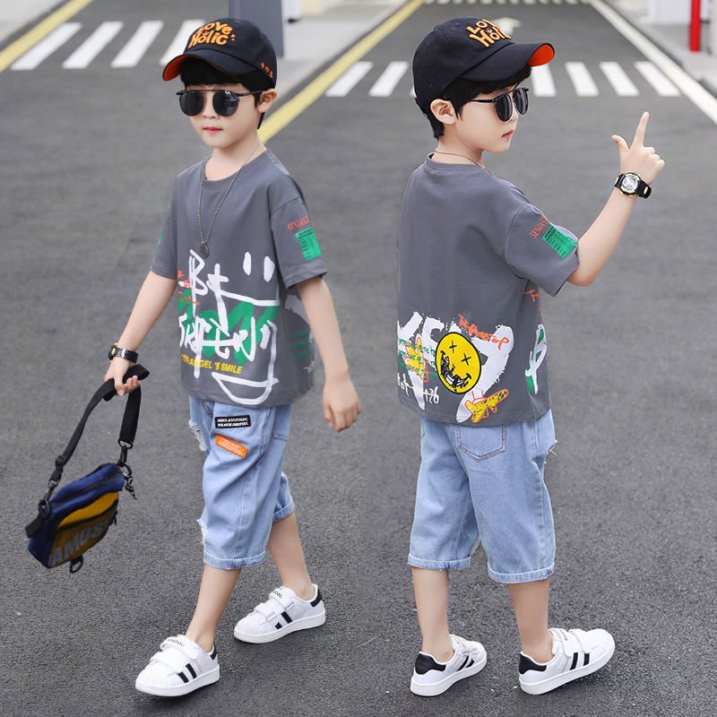Short - sleeved T-shirt Boy Western Style Two - piece Suit, Big Boy Trend - Eshtree