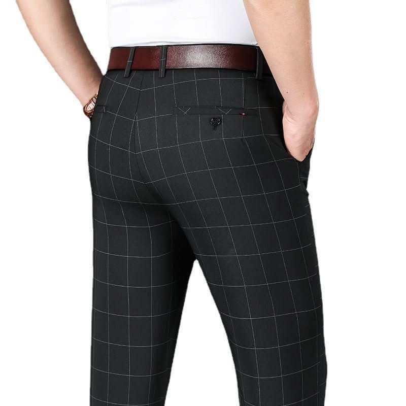 Slim - fit Straight Plaid Suit Formal Wear Mid Waist Casual Pants - Eshtree
