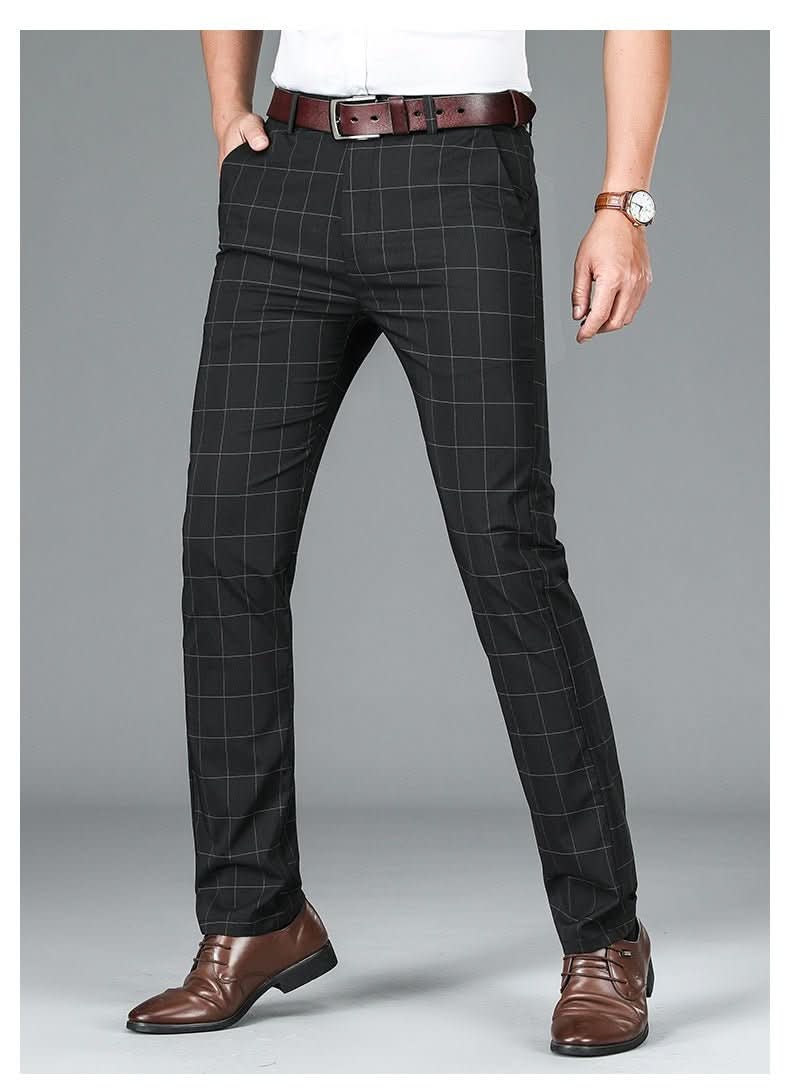 Slim - fit Straight Plaid Suit Formal Wear Mid Waist Casual Pants - Eshtree