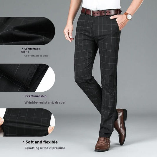 Slim - fit Straight Plaid Suit Formal Wear Mid Waist Casual Pants - Eshtree