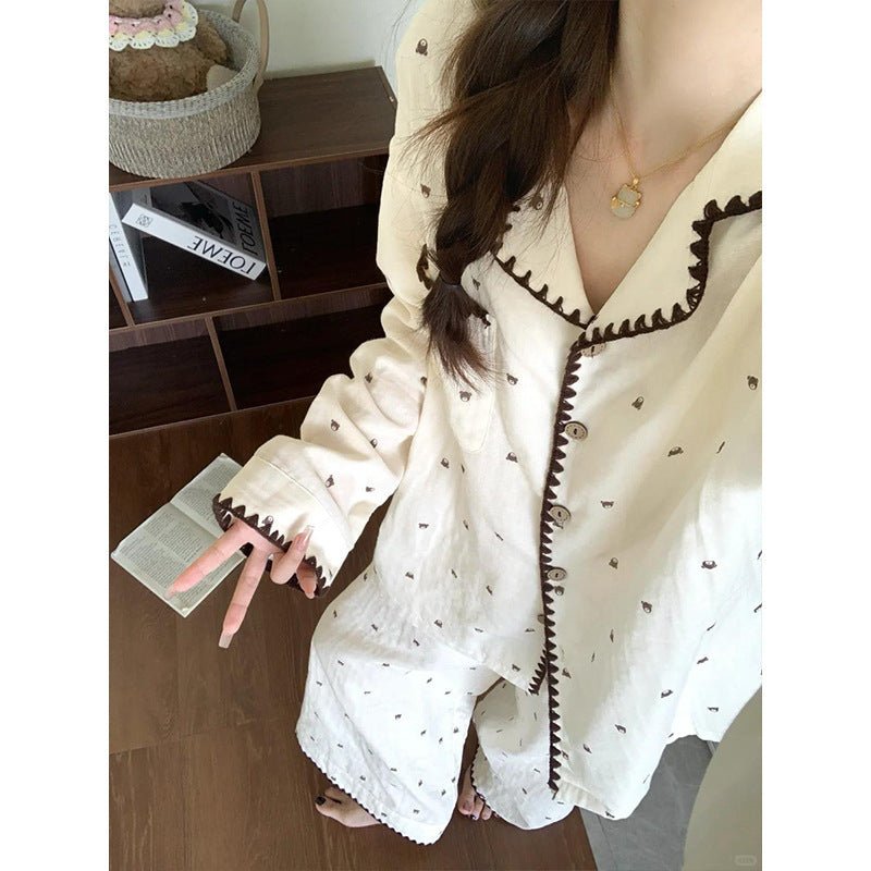 Soft And Adorable Bear Contrast Color Lace Pajamas Women's Homewear Suit - Eshtree