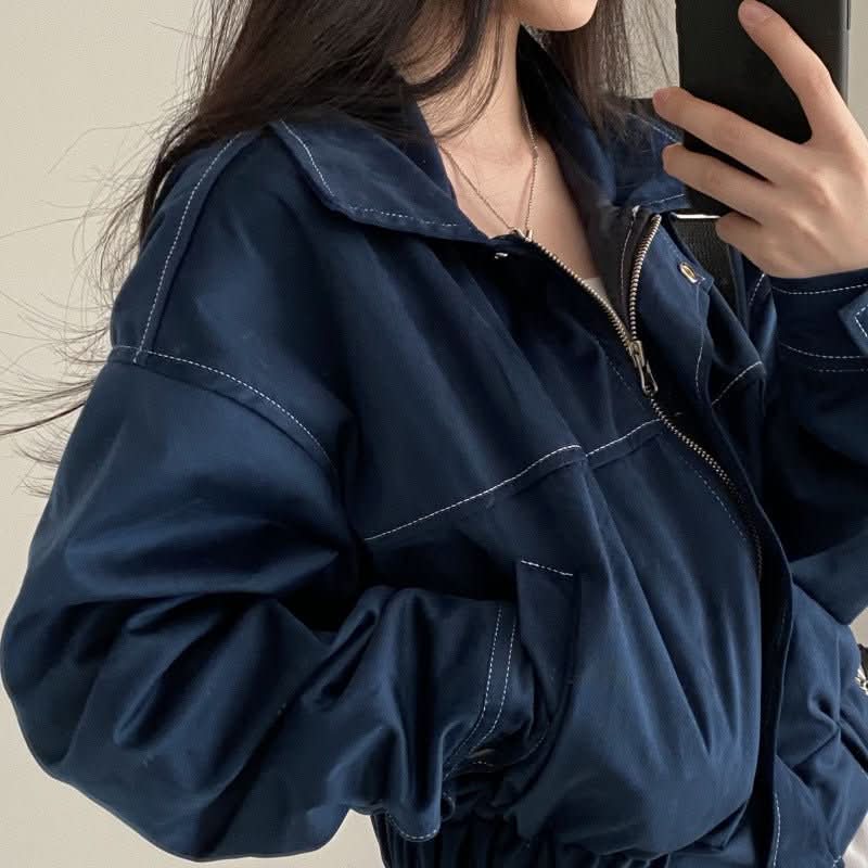 Spring Retro Casual Polo Collar Bright Line Drawstring Coat - Eshtree