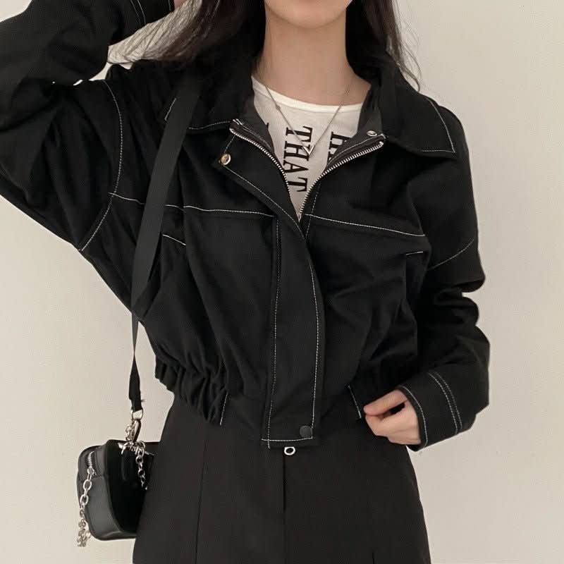 Spring Retro Casual Polo Collar Bright Line Drawstring Coat - Eshtree