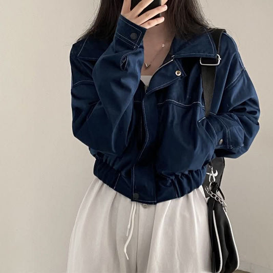 Spring Retro Casual Polo Collar Bright Line Drawstring Coat - Eshtree