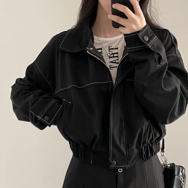 Spring Retro Casual Polo Collar Bright Line Drawstring Coat - Eshtree