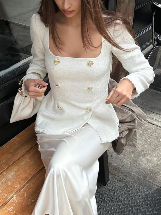 Square Neck Waist Long Sleeve Blazers - Eshtree