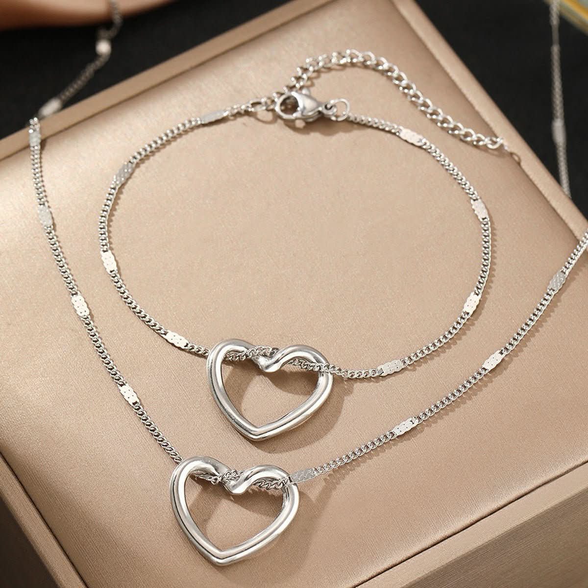 Stainless Steel Hollow Heart Necklace And Bracelet Set - Eshtree