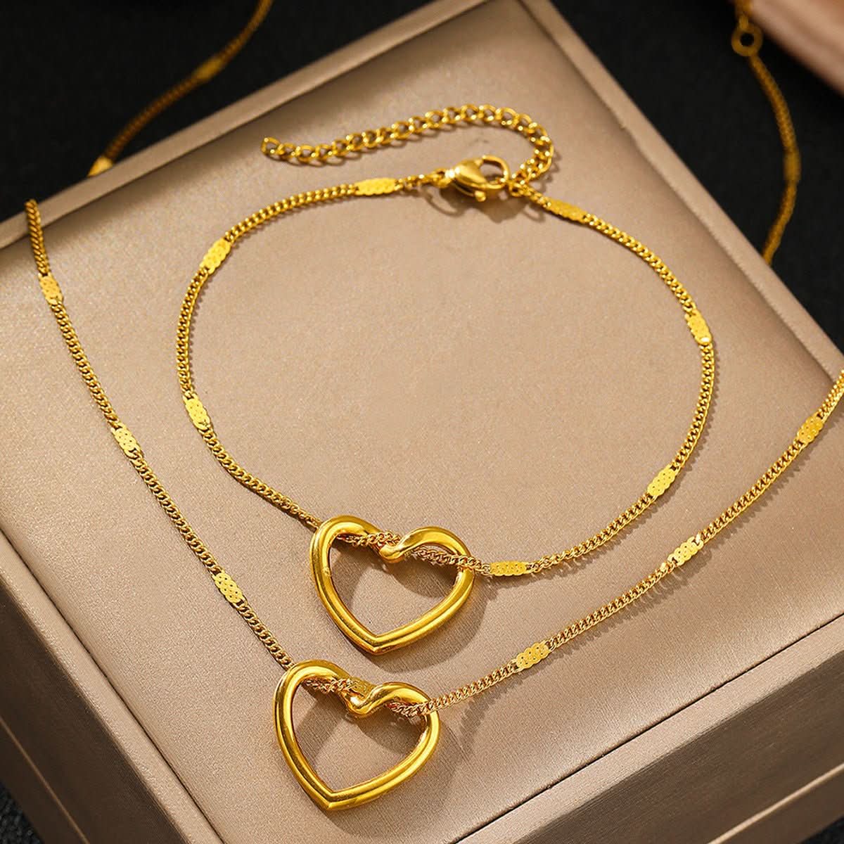 Stainless Steel Hollow Heart Necklace And Bracelet Set - Eshtree