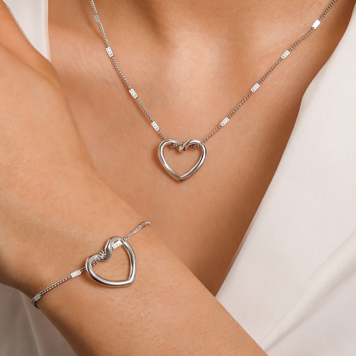 Stainless Steel Hollow Heart Necklace And Bracelet Set - Eshtree