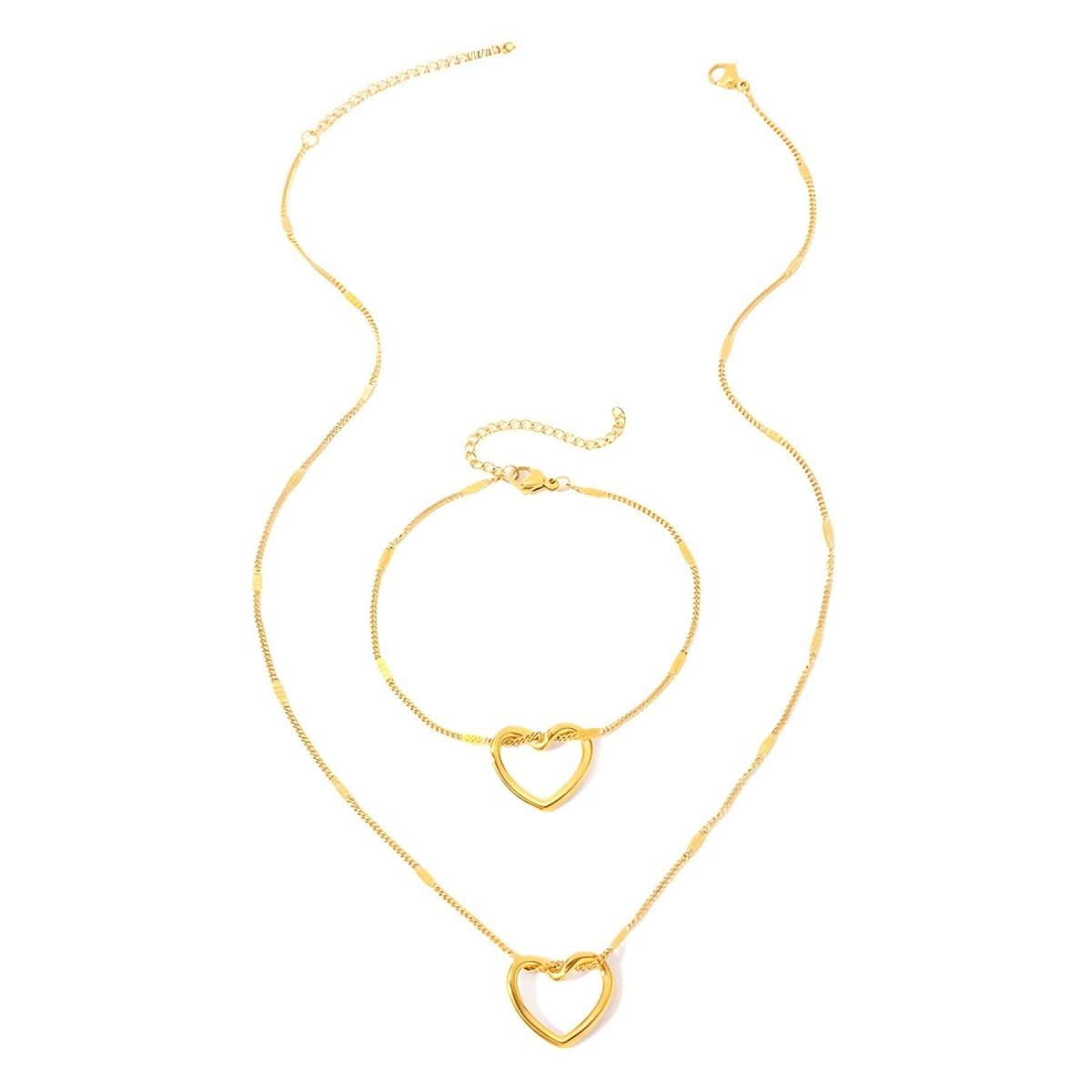 Stainless Steel Hollow Heart Necklace And Bracelet Set - Eshtree