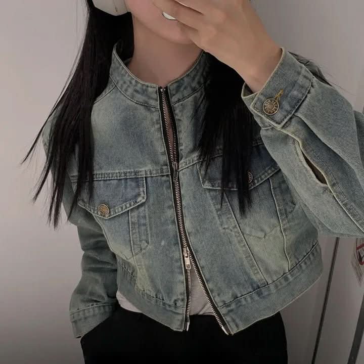 Stand Collar Double Pocket Design Loose All - matching Short Long Sleeve Denim Coat - Eshtree