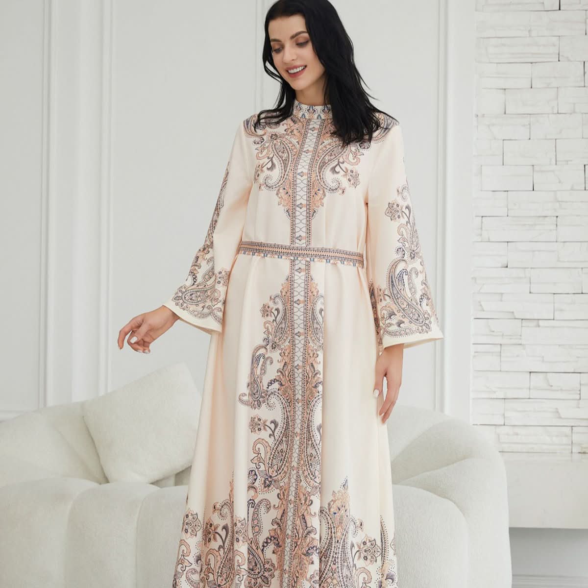 Stand Collar Printing Long Retro Muslim Dress - Eshtree