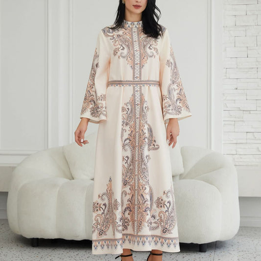 Stand Collar Printing Long Retro Muslim Dress - Eshtree