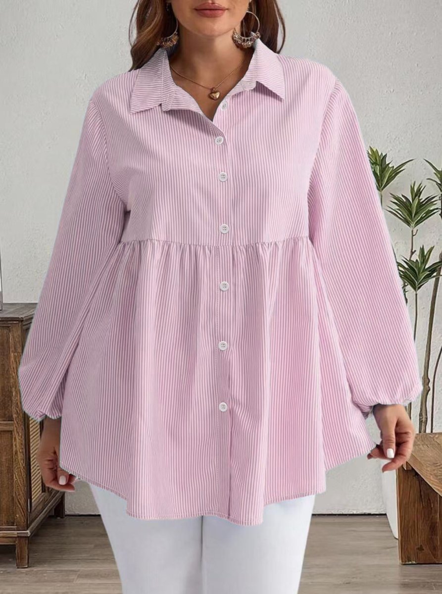 Striped Casual Loose - fitting Long - sleeve Lapel Shirt - Eshtree