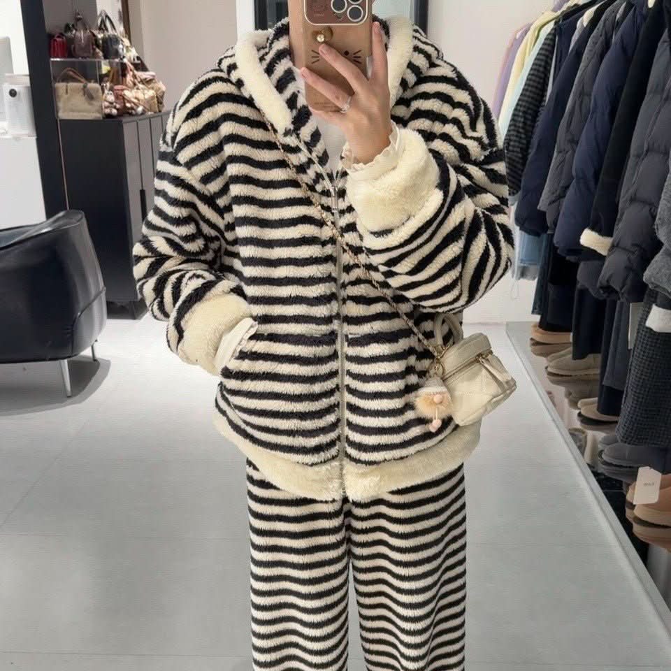 Striped Hooded Pajama Set Homewear For Women - Eshtree