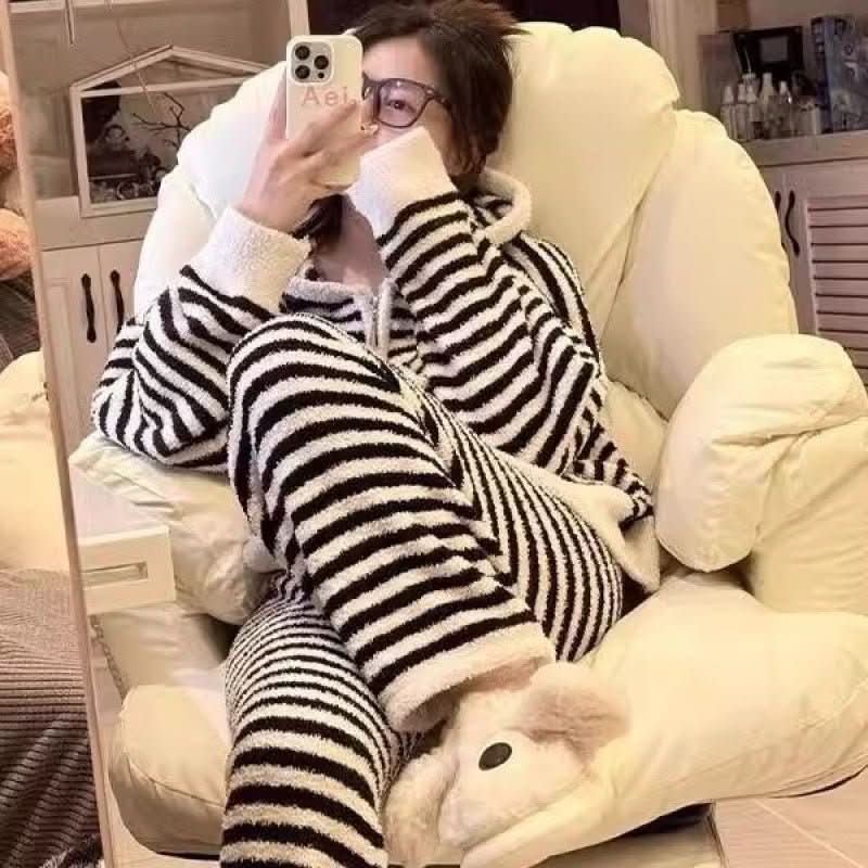 Striped Hooded Pajama Set Homewear For Women - Eshtree