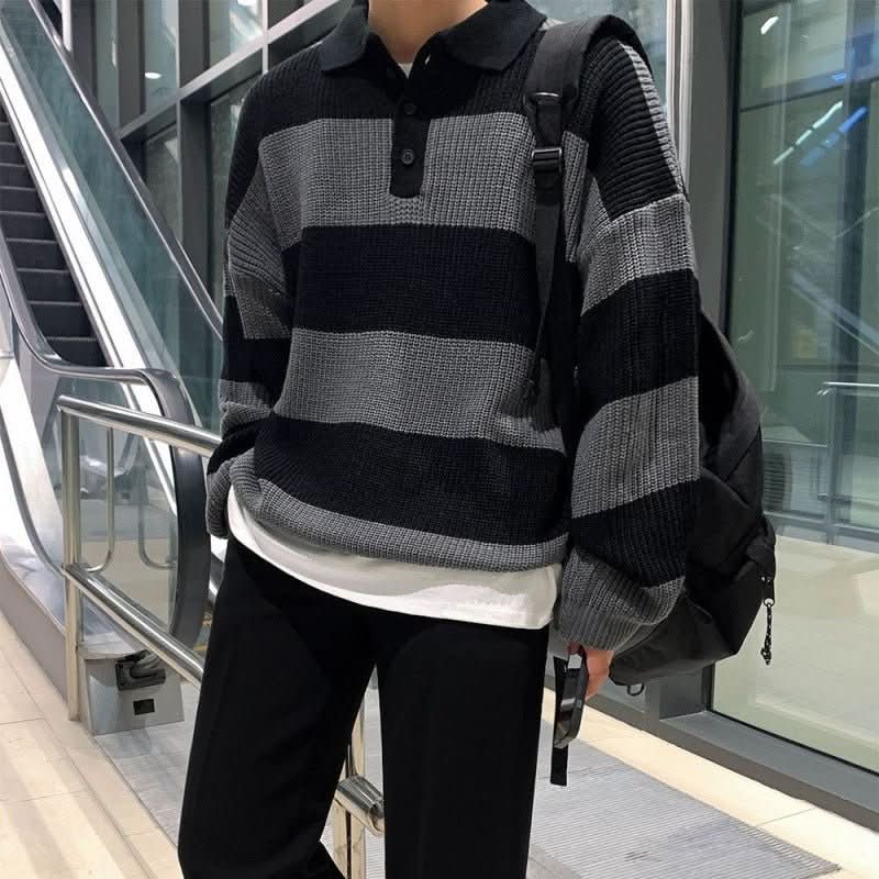 Striped Polo Sweater Men's Autumn And Winter Lapel - Eshtree