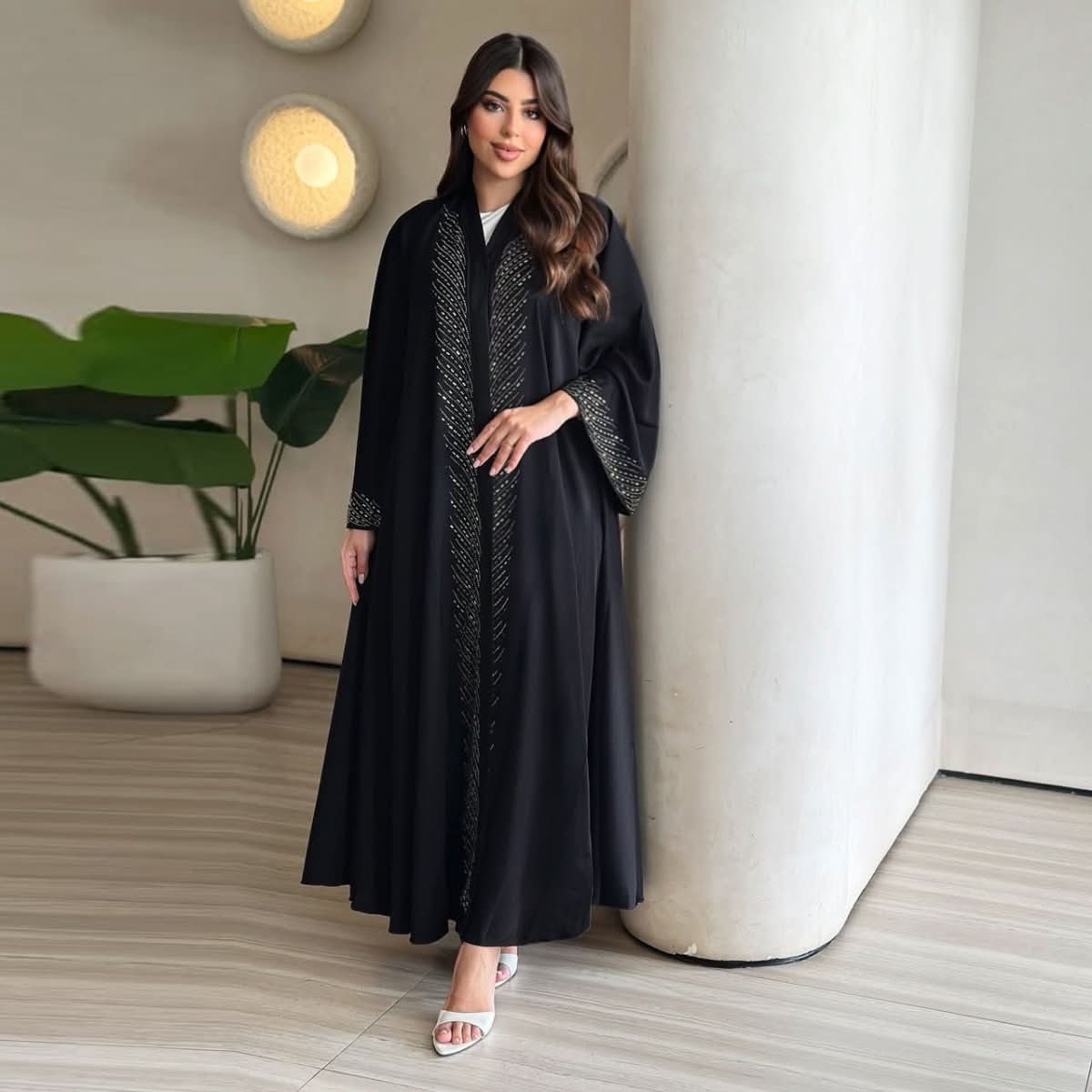 Stylish And Elegant Black Robe With Rhinestone Embellishments - Eshtree