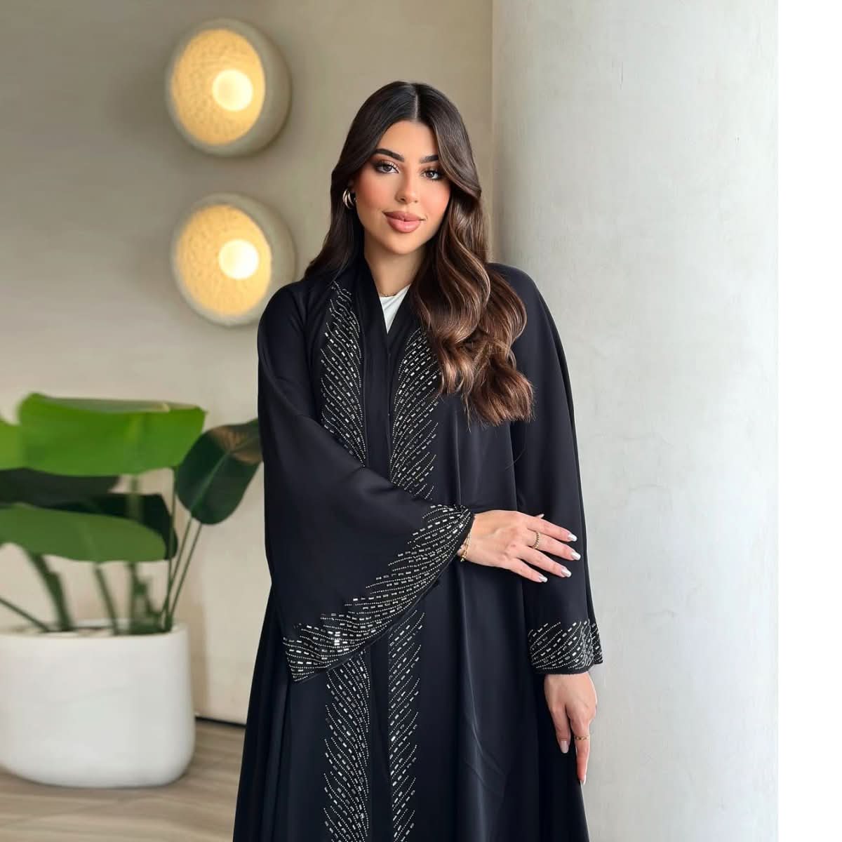 Stylish And Elegant Black Robe With Rhinestone Embellishments - Eshtree