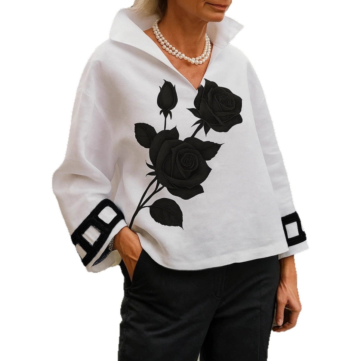 Stylish Relaxed - fit Womens T-shirt With A Stand - up Collar Long Sleeves And A Floral Print - Eshtree
