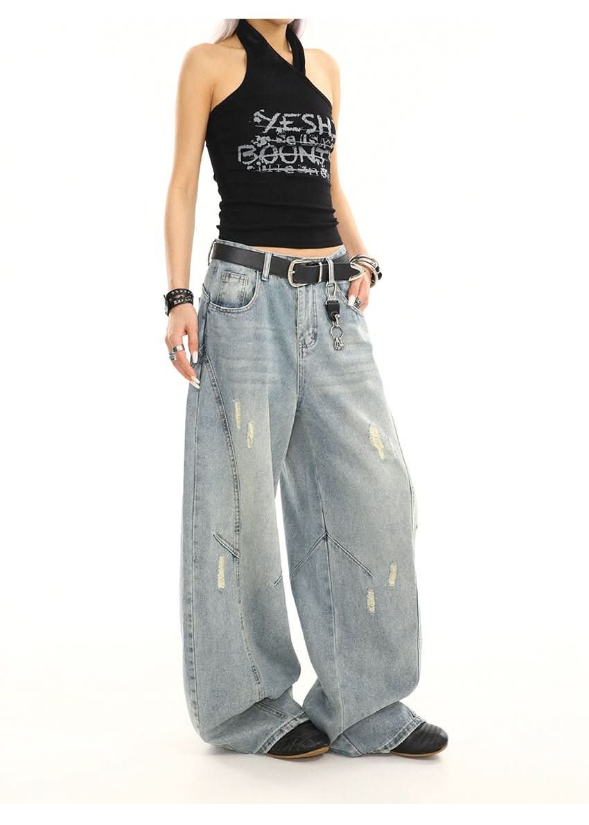 Summer American Retro Washed Distressed Loose Straight Leg Wide Leg Pants - Eshtree