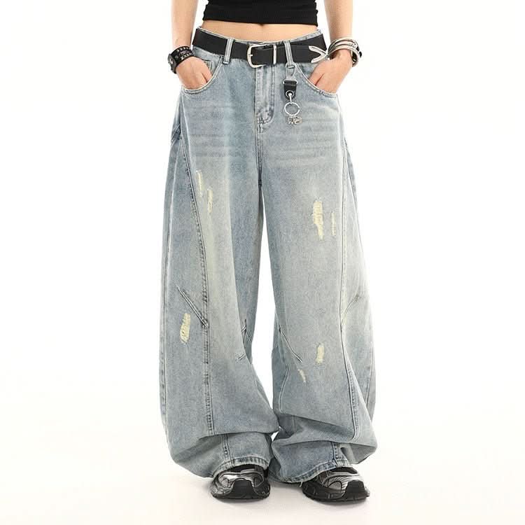Summer American Retro Washed Distressed Loose Straight Leg Wide Leg Pants - Eshtree