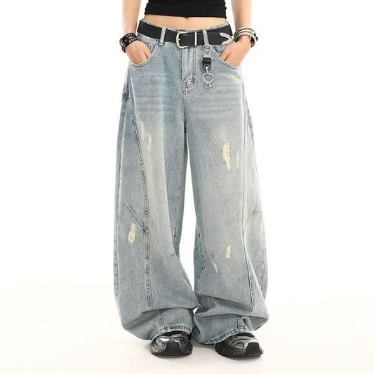 Summer American Retro Washed Distressed Loose Straight Leg Wide Leg Pants - Eshtree