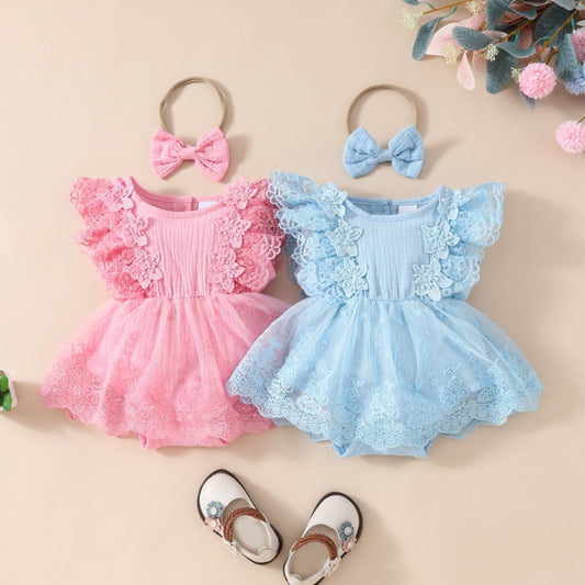 Summer Baby Girl Sweet Sleeveless Lace Triangle Rompers Mesh Lace Flower Dress - Eshtree