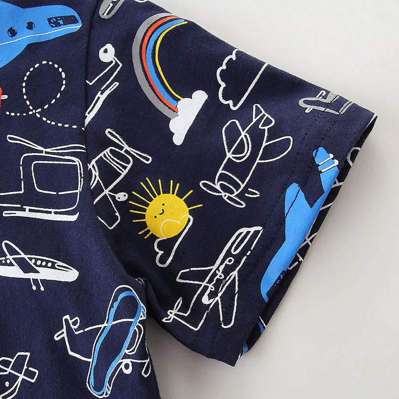 Summer Boys Round Neck Print Children's T-shirt Knitted Cotton Cartoon Top T - Eshtree