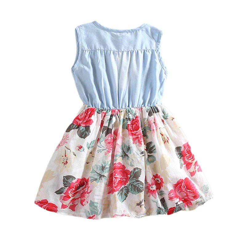 Summer Children Sleeveless Girl Denim Floral Dresses - Eshtree