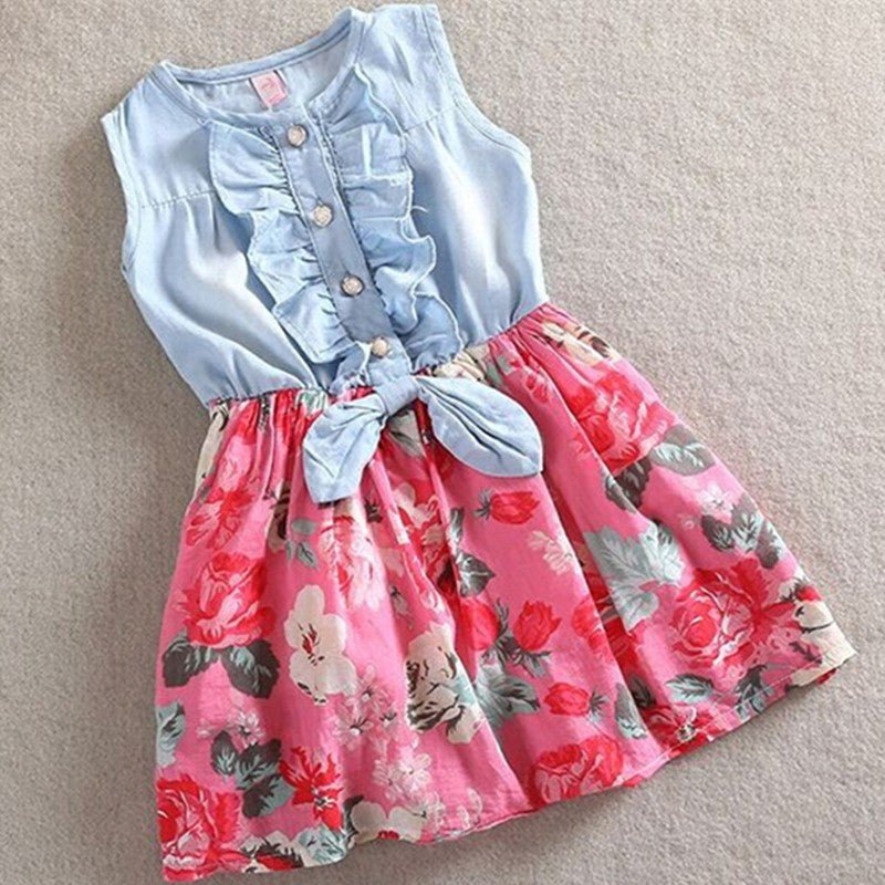 Summer Children Sleeveless Girl Denim Floral Dresses - Eshtree