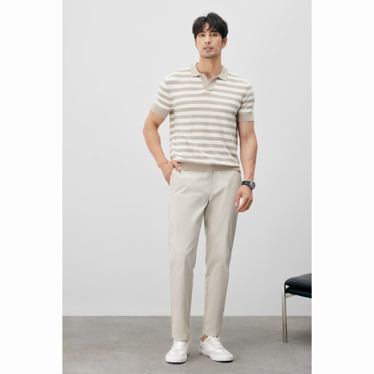 Summer New Ice Silk Short Sleeve Knitted Men's V - neck Lapel Slim - Eshtree