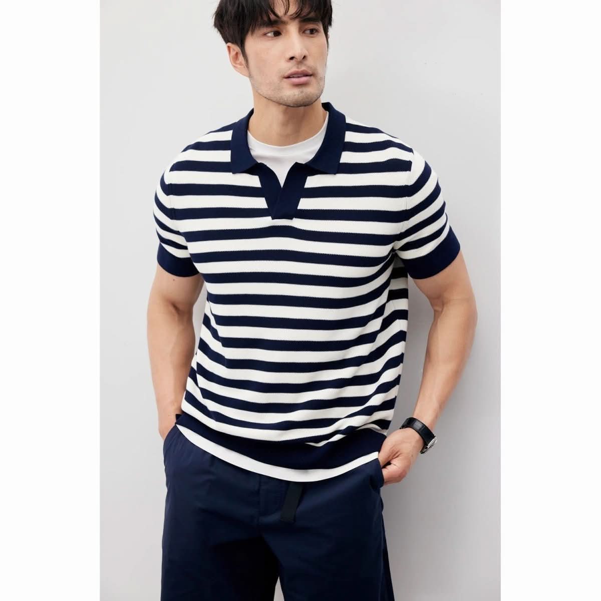 Summer New Ice Silk Short Sleeve Knitted Men's V - neck Lapel Slim - Eshtree