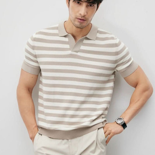 Summer New Ice Silk Short Sleeve Knitted Men's V - neck Lapel Slim - Eshtree
