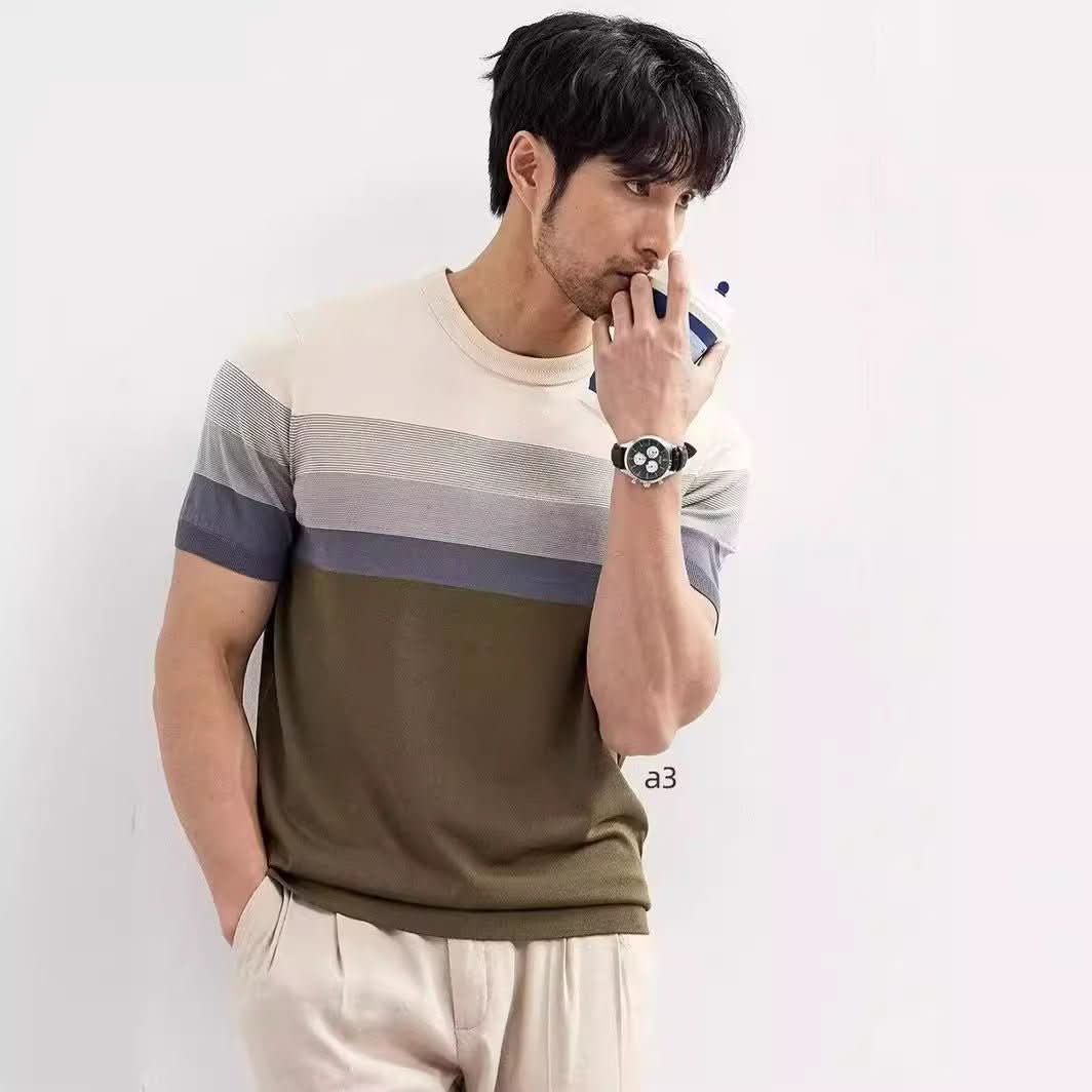 Summer New Light Mature Short Sleeve Knitted Sweater Men Gradient Color Block Stripe - Eshtree