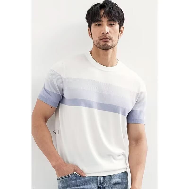 Summer New Light Mature Short Sleeve Knitted Sweater Men Gradient Color Block Stripe - Eshtree