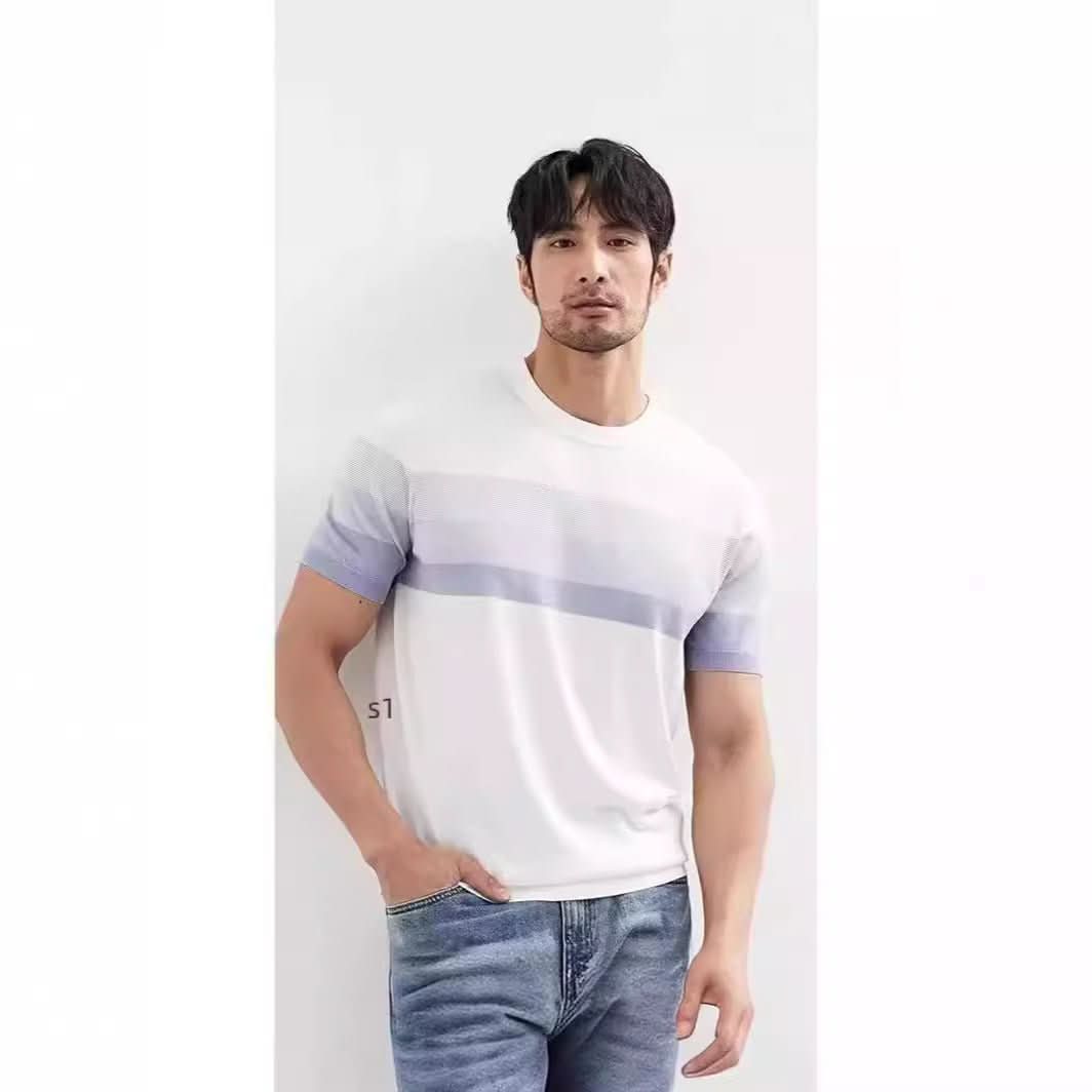 Summer New Light Mature Short Sleeve Knitted Sweater Men Gradient Color Block Stripe - Eshtree