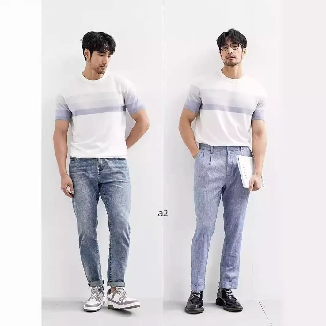 Summer New Light Mature Short Sleeve Knitted Sweater Men Gradient Color Block Stripe - Eshtree
