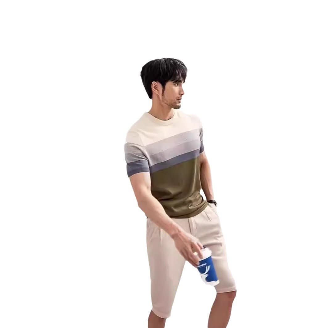 Summer New Light Mature Short Sleeve Knitted Sweater Men Gradient Color Block Stripe - Eshtree