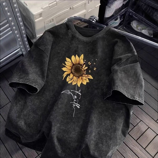 Sunflower Butterfly Cotton Washed T-Shirt For Women - Eshtree