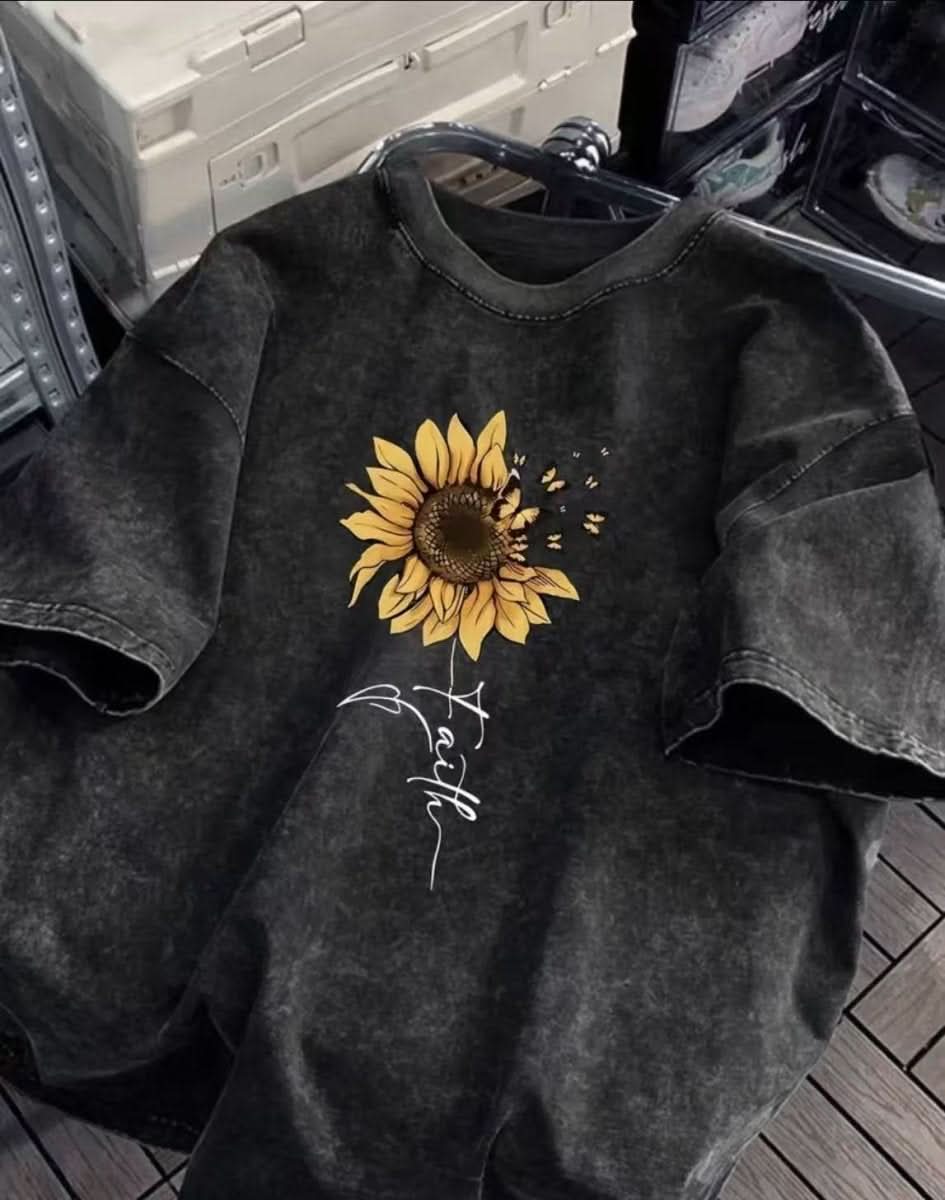 Sunflower Butterfly Cotton Washed T-Shirt For Women - Eshtree
